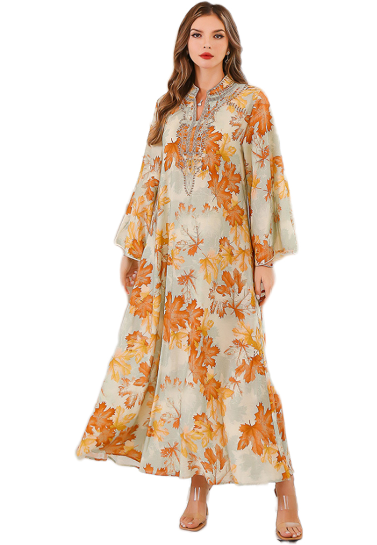 2024 Autumn big robe long sleeve dress printed dress CA24090328GR