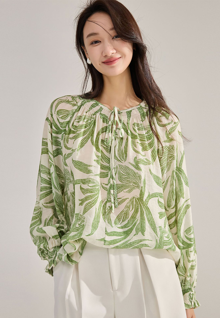Loose printed bishop sleeve top CA24091128GR