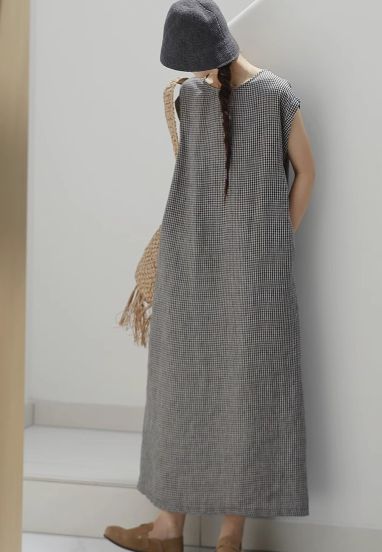 Summer Retro Linen Plaid Long Dress CA25070928MT