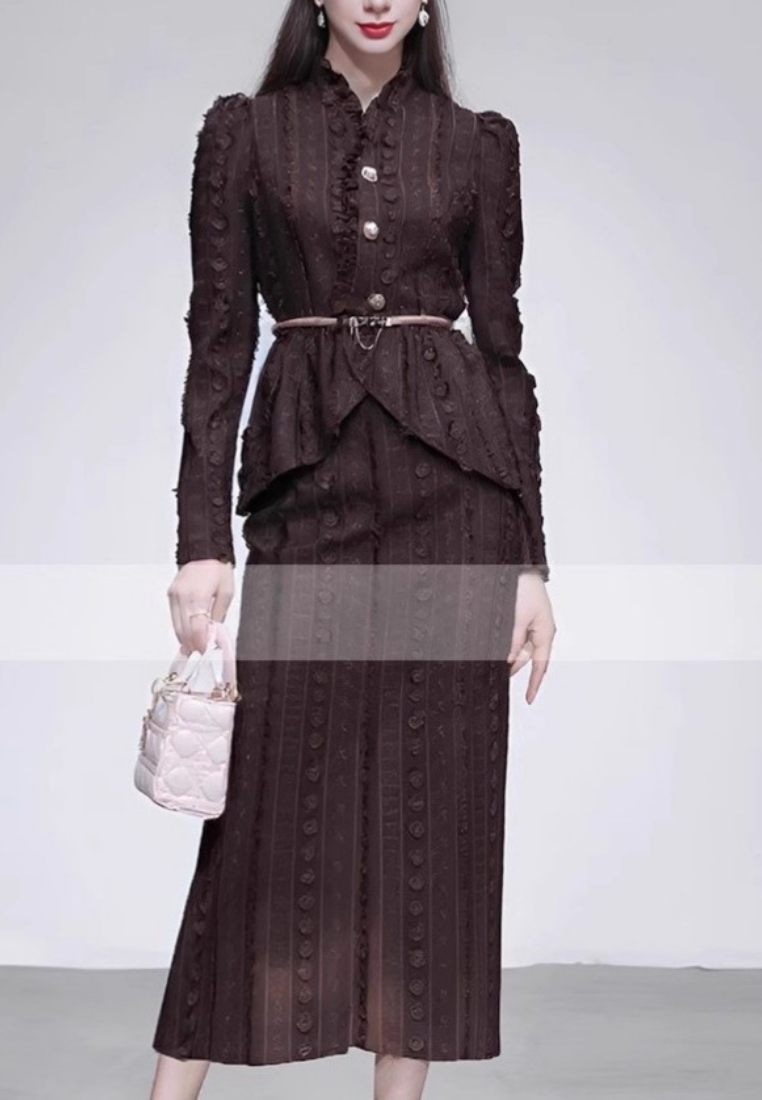 New French Elegant Patchwork Ruffled Long-Sleeved Top + High-Waisted Fishtail Skirt Set dress K25121206