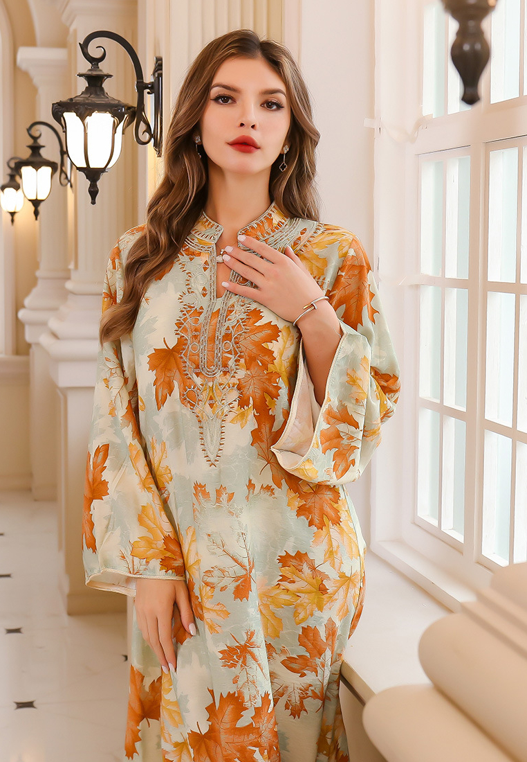 2024 Autumn big robe long sleeve dress printed dress CA24090328GR