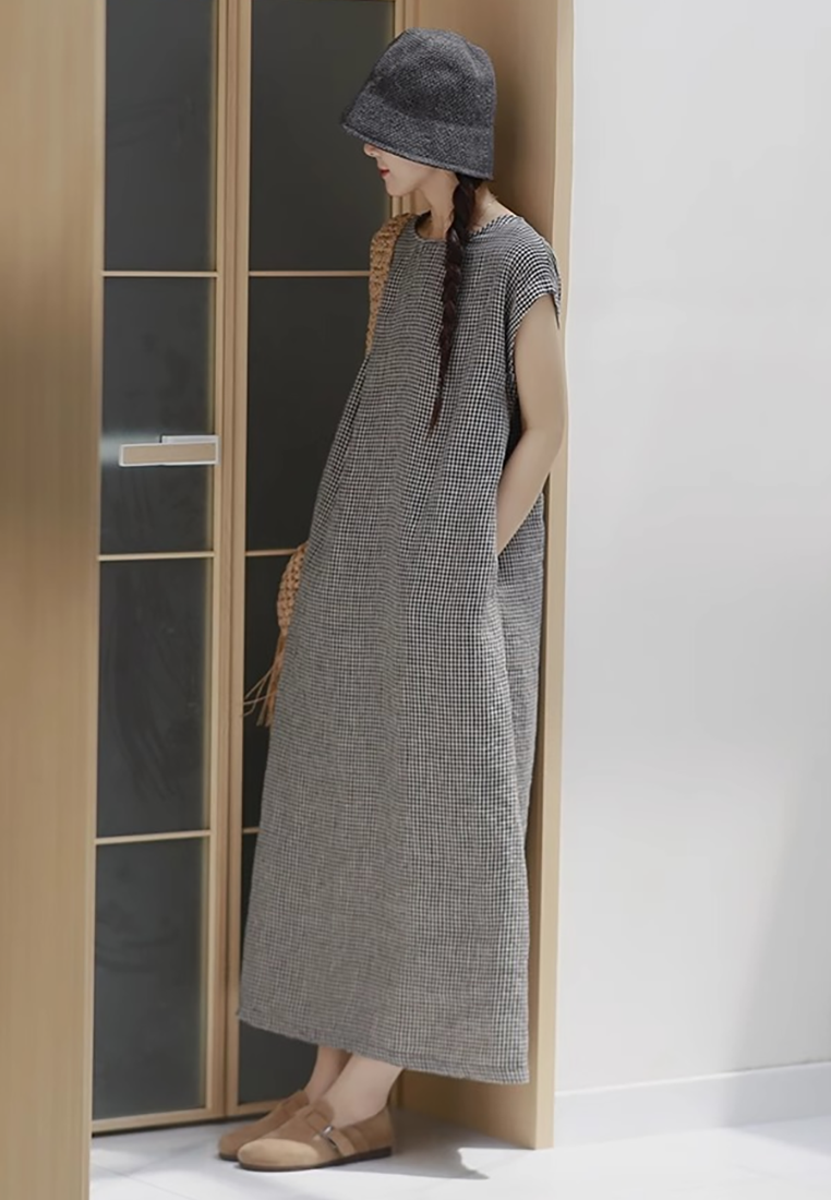 Summer Retro Linen Plaid Long Dress CA25070928MT
