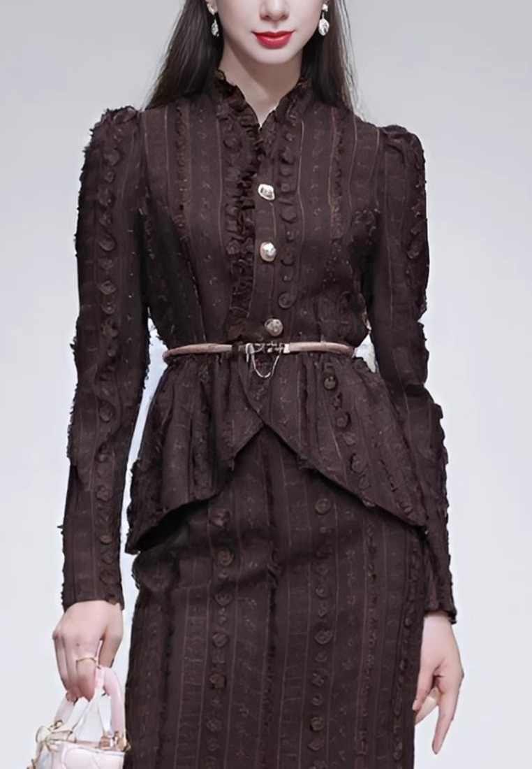 New French Elegant Patchwork Ruffled Long-Sleeved Top + High-Waisted Fishtail Skirt Set dress K25121206