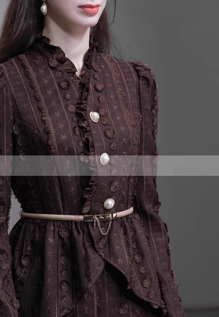 New French Elegant Patchwork Ruffled Long-Sleeved Top + High-Waisted Fishtail Skirt Set dress K25121206