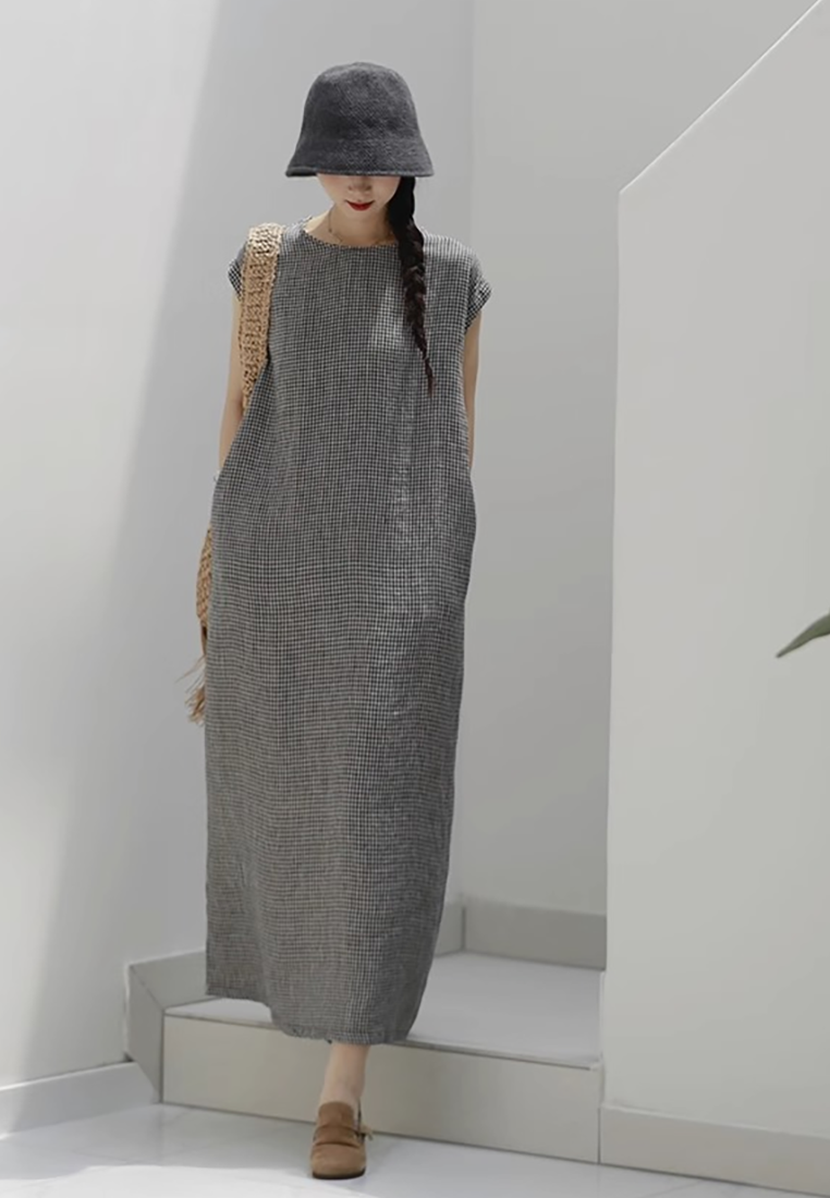 Summer Retro Linen Plaid Long Dress CA25070928MT
