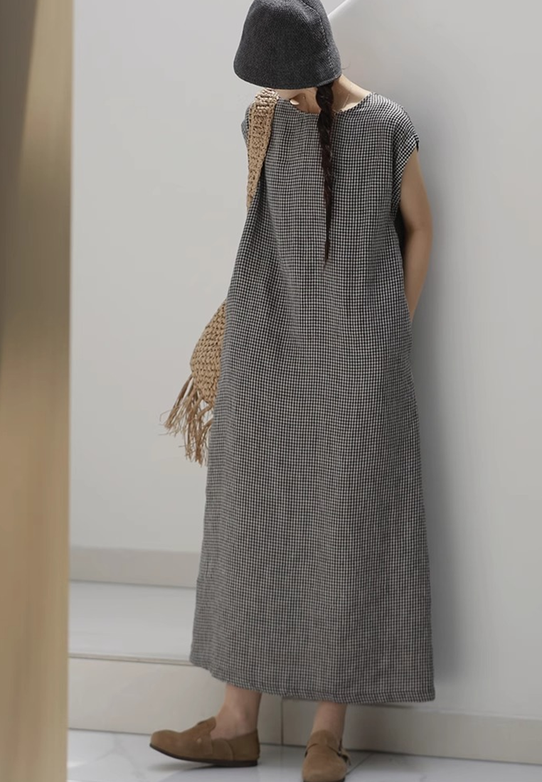 Summer Retro Linen Plaid Long Dress CA25070928MT