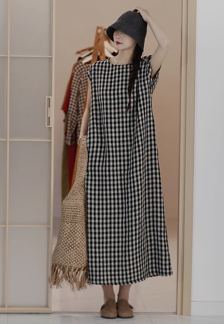 Summer Retro Linen Plaid Long Dress CA25070928MT