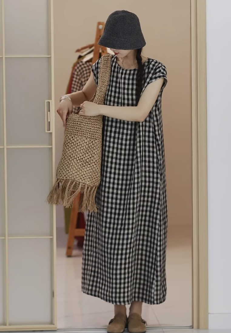 Summer Retro Linen Plaid Long Dress CA25070928MT