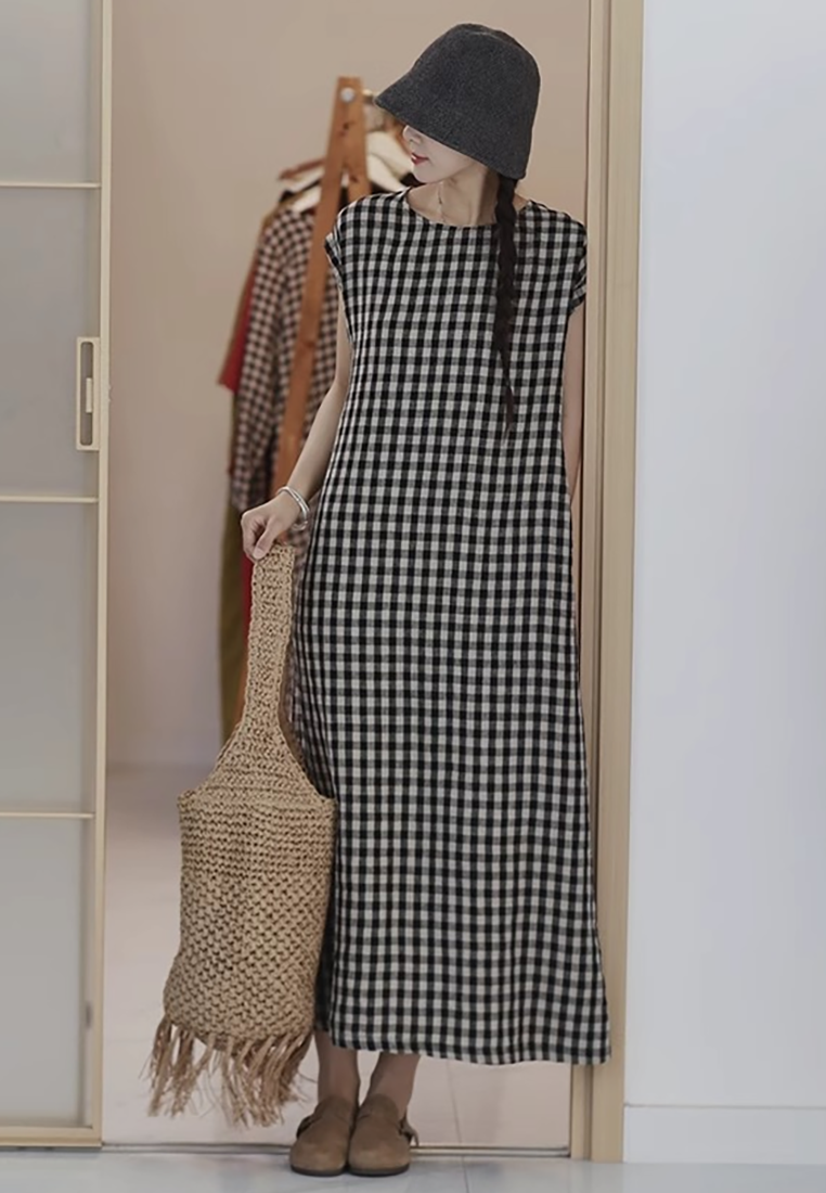 Summer Retro Linen Plaid Long Dress CA25070928MT