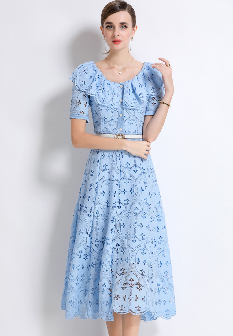 French loose ruffle long lace dress CA25070929BL