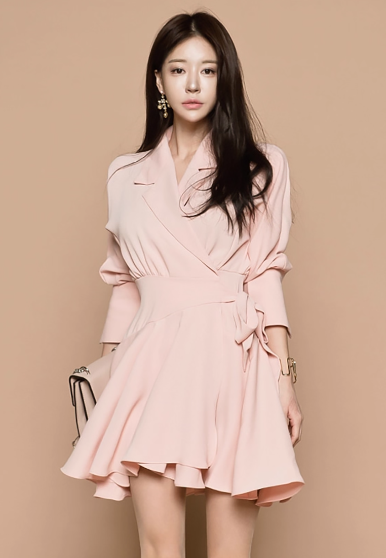 Autumn New OL Professional Notched Lapel Waist-Tie High-Waist Dress CA25091529PI