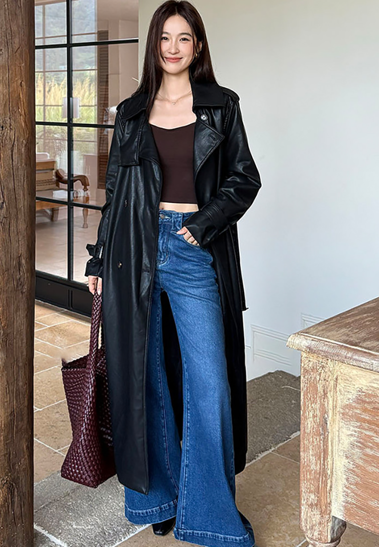 New Autumn Style PU Leather Long Trench Coat CA25102429BK