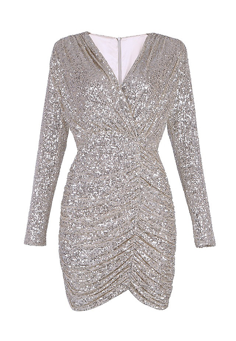 New sequined champagne evening gown A021929