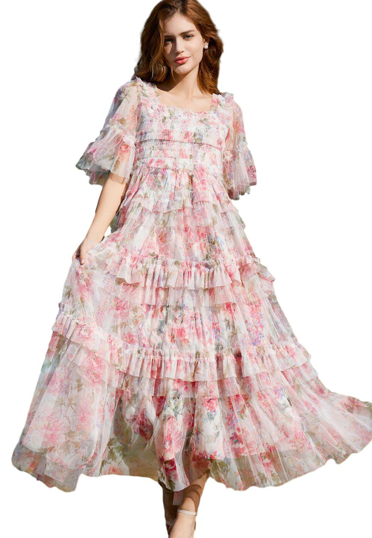 2024 Square neck printed short sleeved commuting dress CA24031929RD