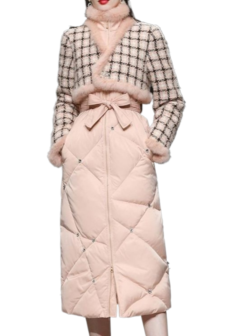 New elegant rabbit fur tweed patchwork white duck down jacket K25121207