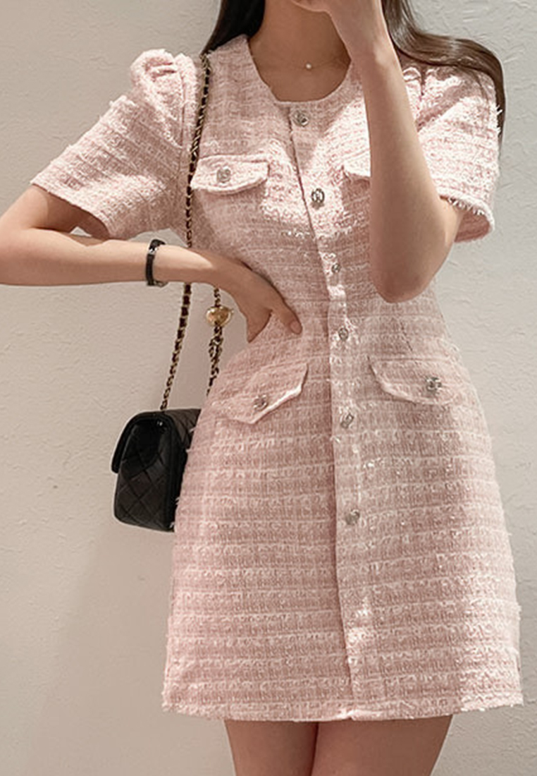 Temperament round neck slim button dress CA25032729W