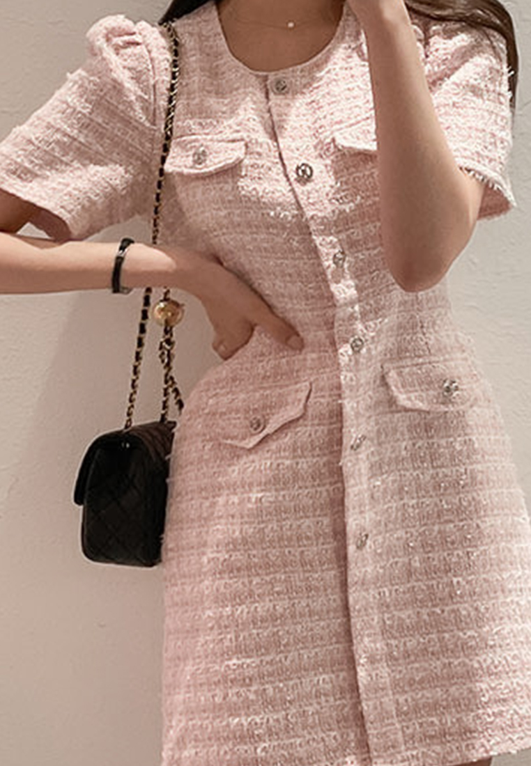 Temperament round neck slim button dress CA25032729W