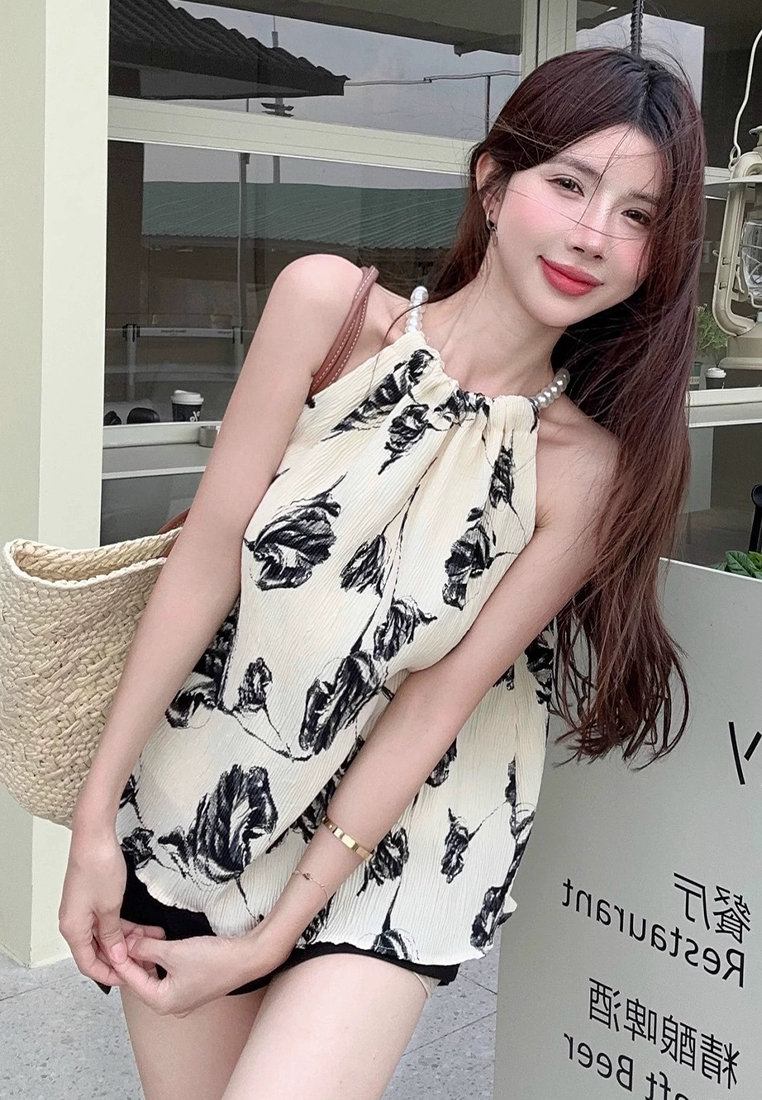 New style bead chain halter neck sleeveless suspender loose top CA24050629BE