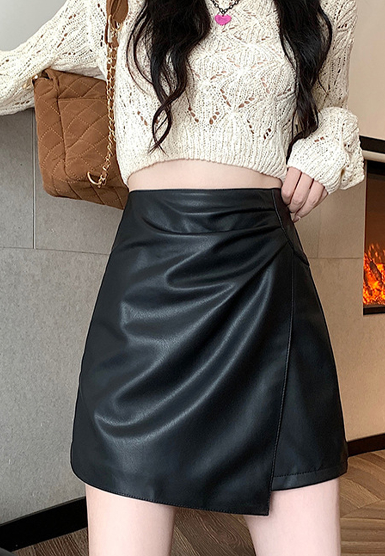 New High Waist Black Irregular Wrapped Hip PU Leather Skirt CA120429BK