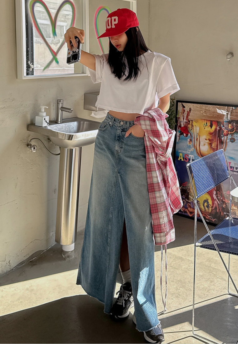 New Korean style whitened A-line split denim skirt CA25042929BL