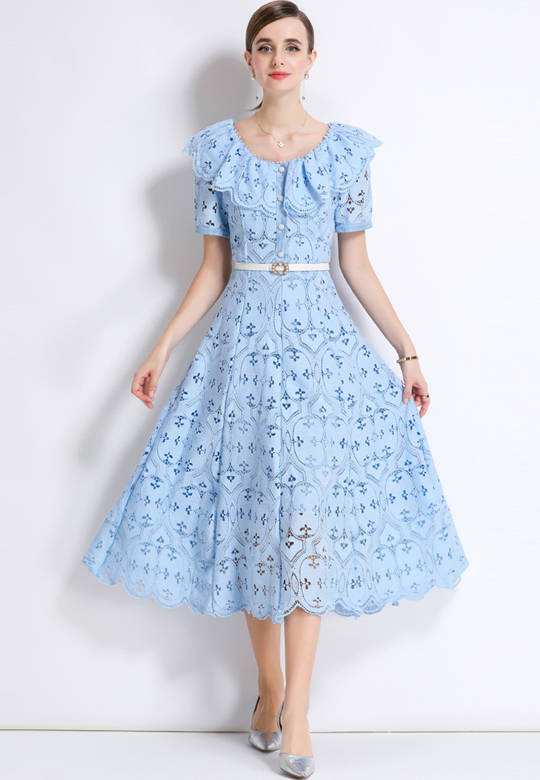 French loose ruffle long lace dress CA25070929BL