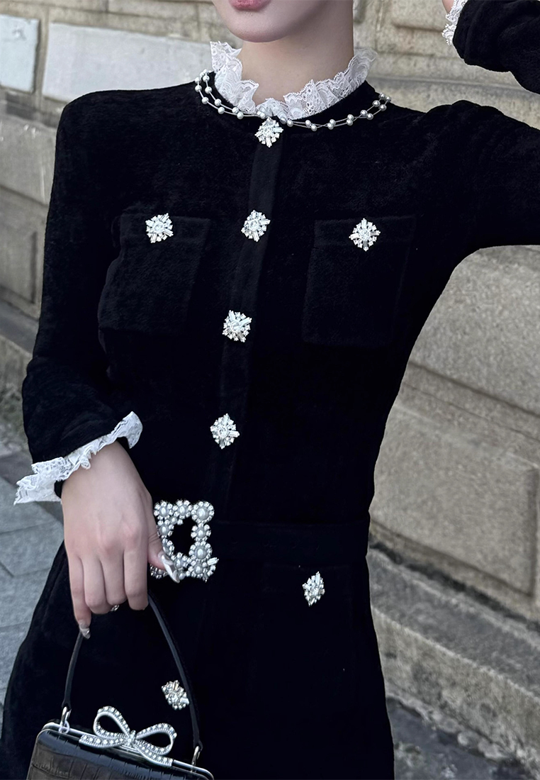 Early Autumn New French Lace Splicing Velvet Dress CA25092529BK