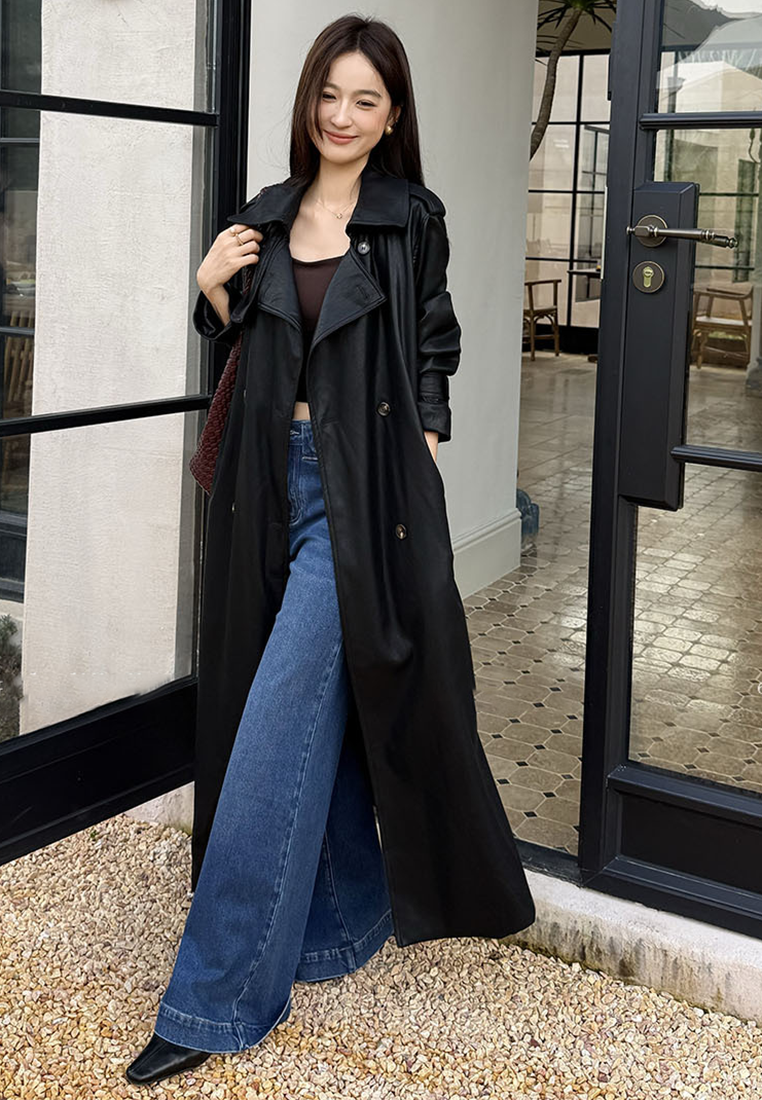 New Autumn Style PU Leather Long Trench Coat CA25102429BK
