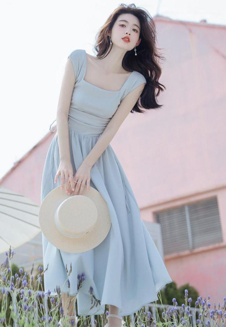 Vintage square-necked French high-waisted maxi skirt CA24030729