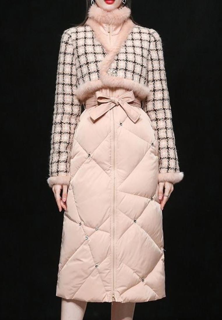 New elegant rabbit fur tweed patchwork white duck down jacket K25121207