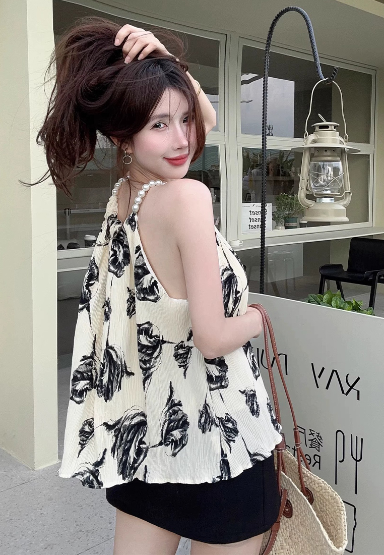 New style bead chain halter neck sleeveless suspender loose top CA24050629BE