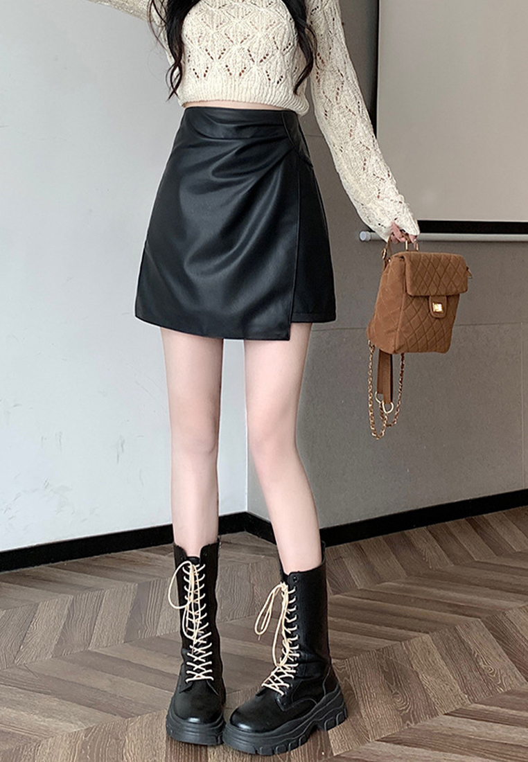 New High Waist Black Irregular Wrapped Hip PU Leather Skirt CA120429BK