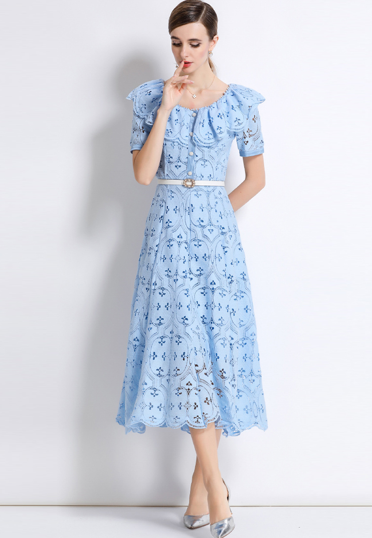 French loose ruffle long lace dress CA25070929BL