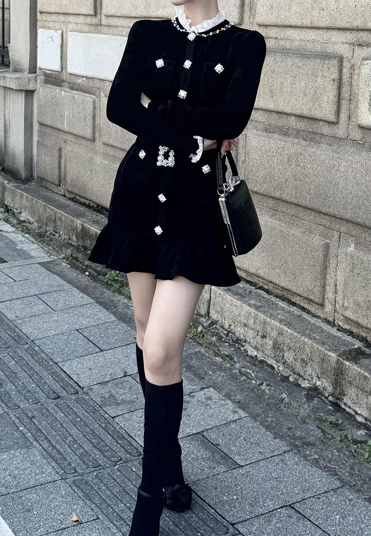 Early Autumn New French Lace Splicing Velvet Dress CA25092529BK