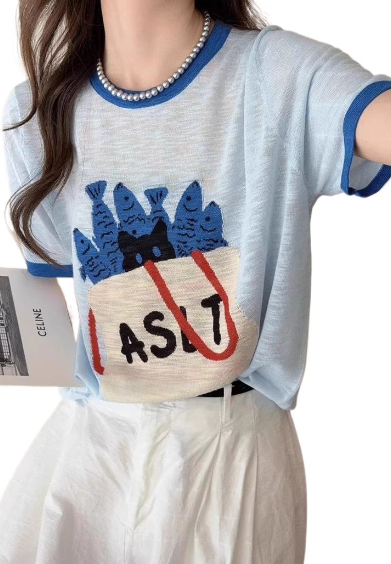 Korean cartoon thin short-sleeved beautiful top CA25091929W