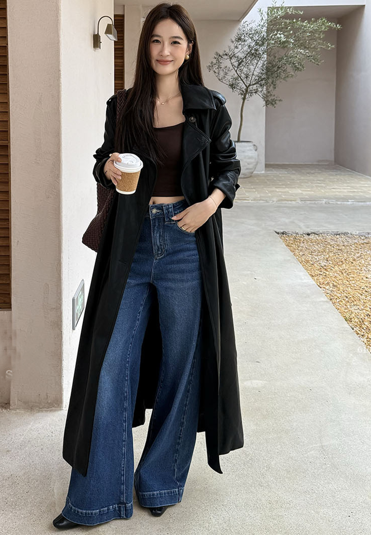 New Autumn Style PU Leather Long Trench Coat CA25102429BK