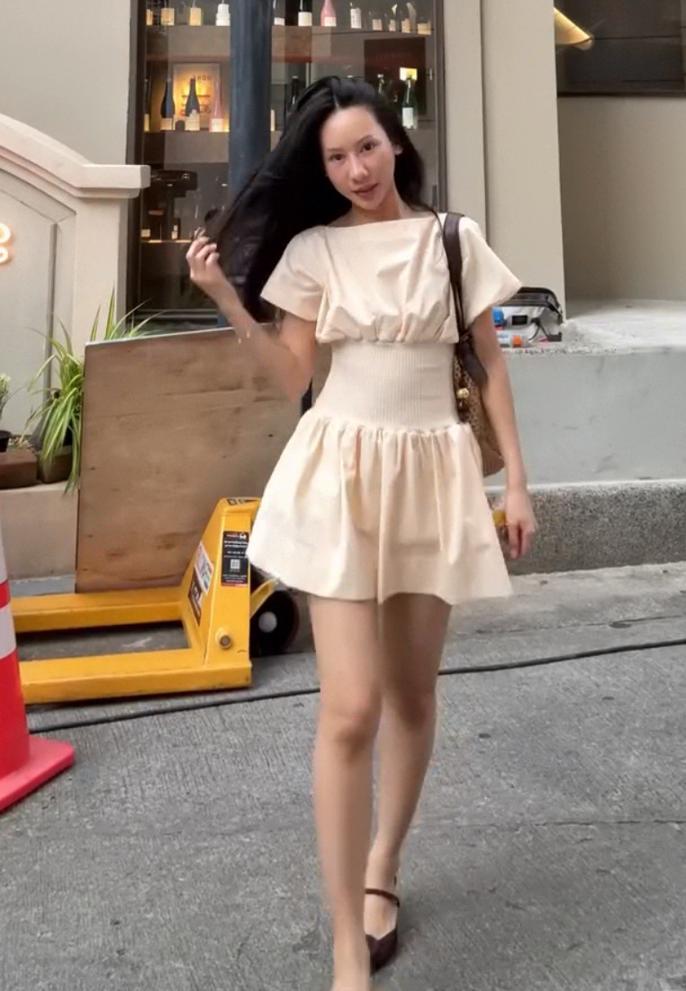 Solid color temperament woven short skirt waist cinching dress CA25091429BE