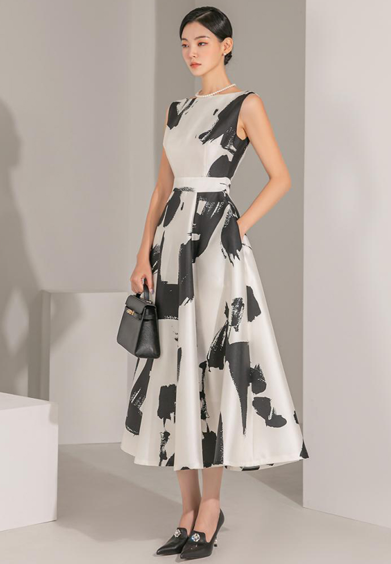 Summer New Ink Art Print Round Neck Sleeveless High Waist Dress CA4021929W