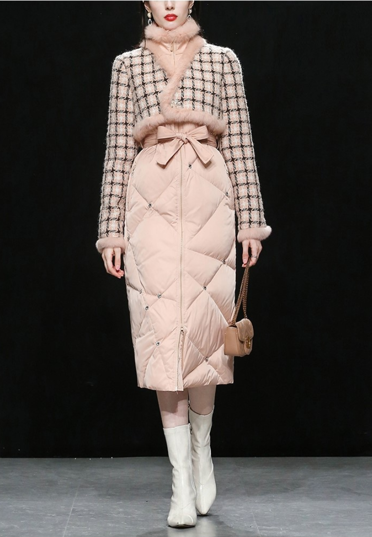 New elegant rabbit fur tweed patchwork white duck down jacket K25121207