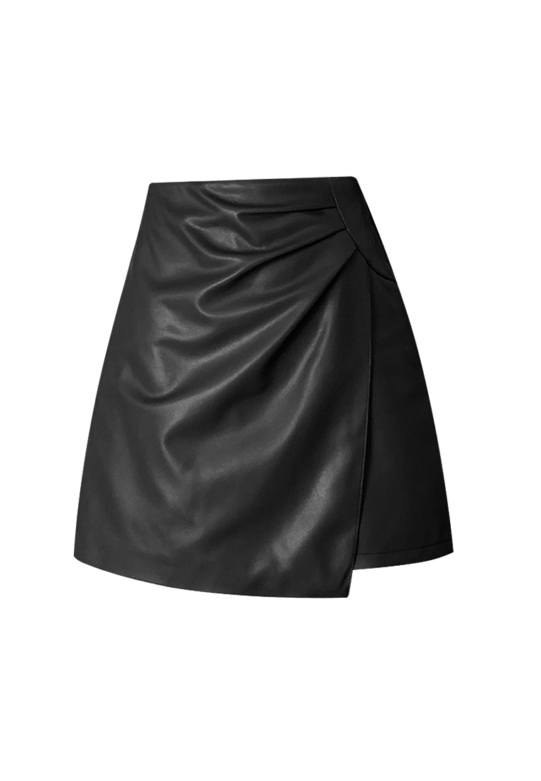 New High Waist Black Irregular Wrapped Hip PU Leather Skirt CA120429BK