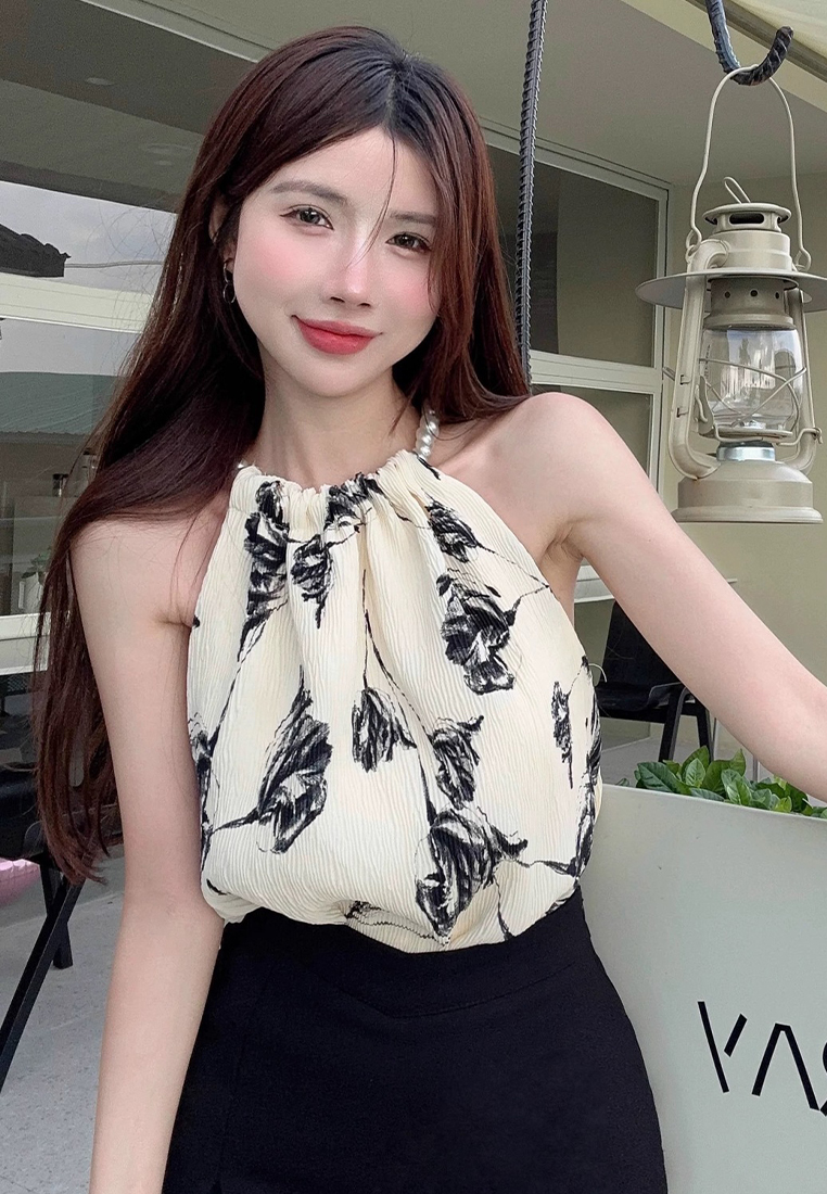 New style bead chain halter neck sleeveless suspender loose top CA24050629BE