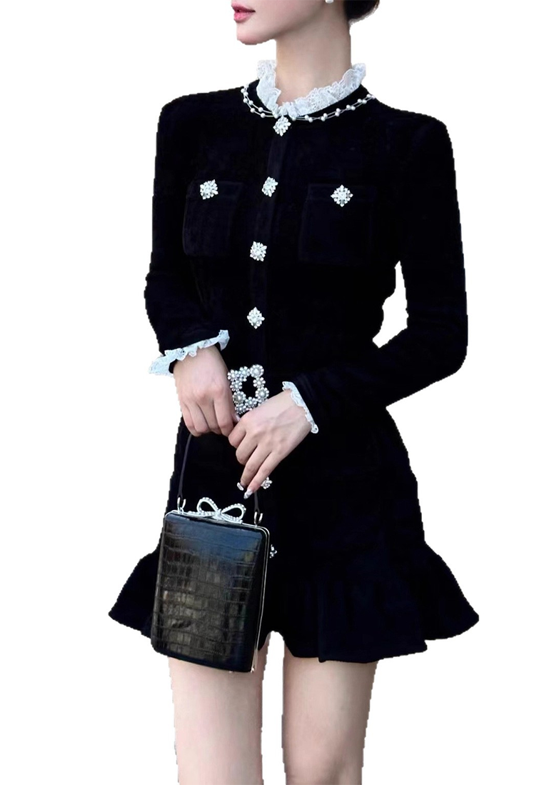 Early Autumn New French Lace Splicing Velvet Dress CA25092529BK