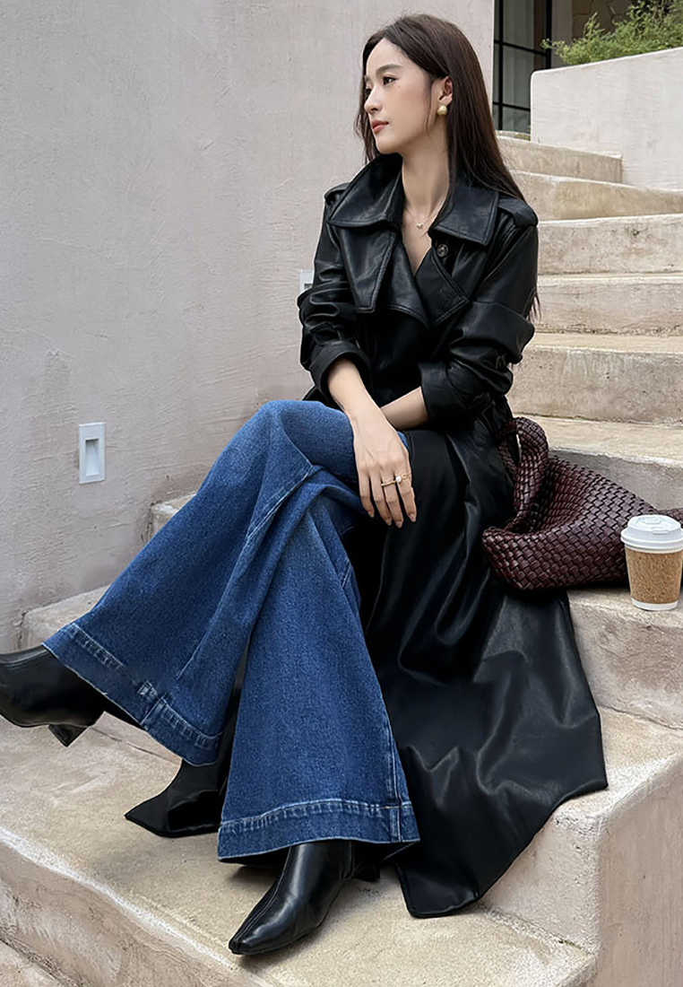 New Autumn Style PU Leather Long Trench Coat CA25102429BK
