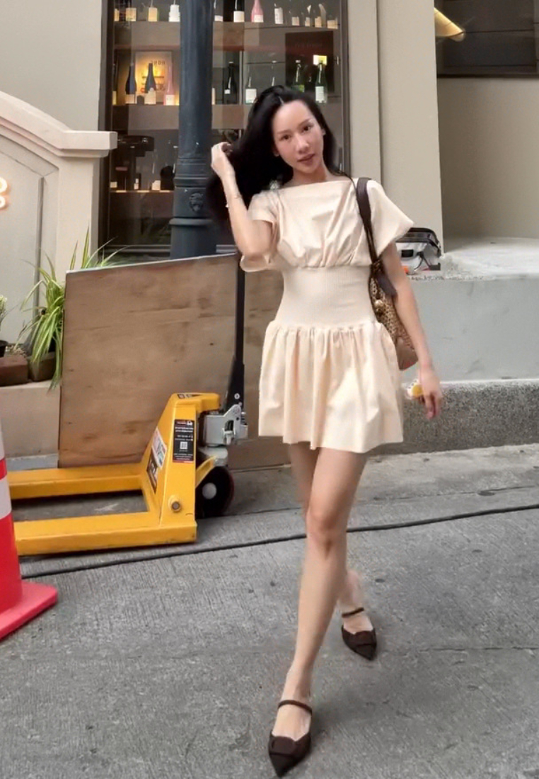 Solid color temperament woven short skirt waist cinching dress CA25091429BE