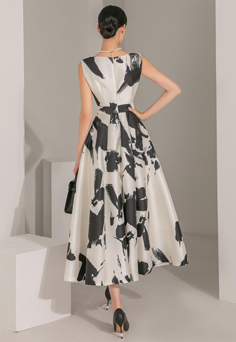 Summer New Ink Art Print Round Neck Sleeveless High Waist Dress CA4021929W