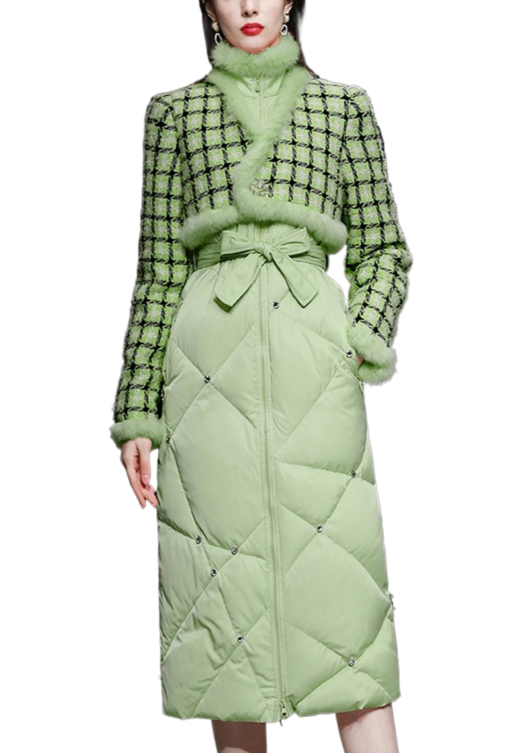 New elegant rabbit fur tweed patchwork white duck down jacket K25121207