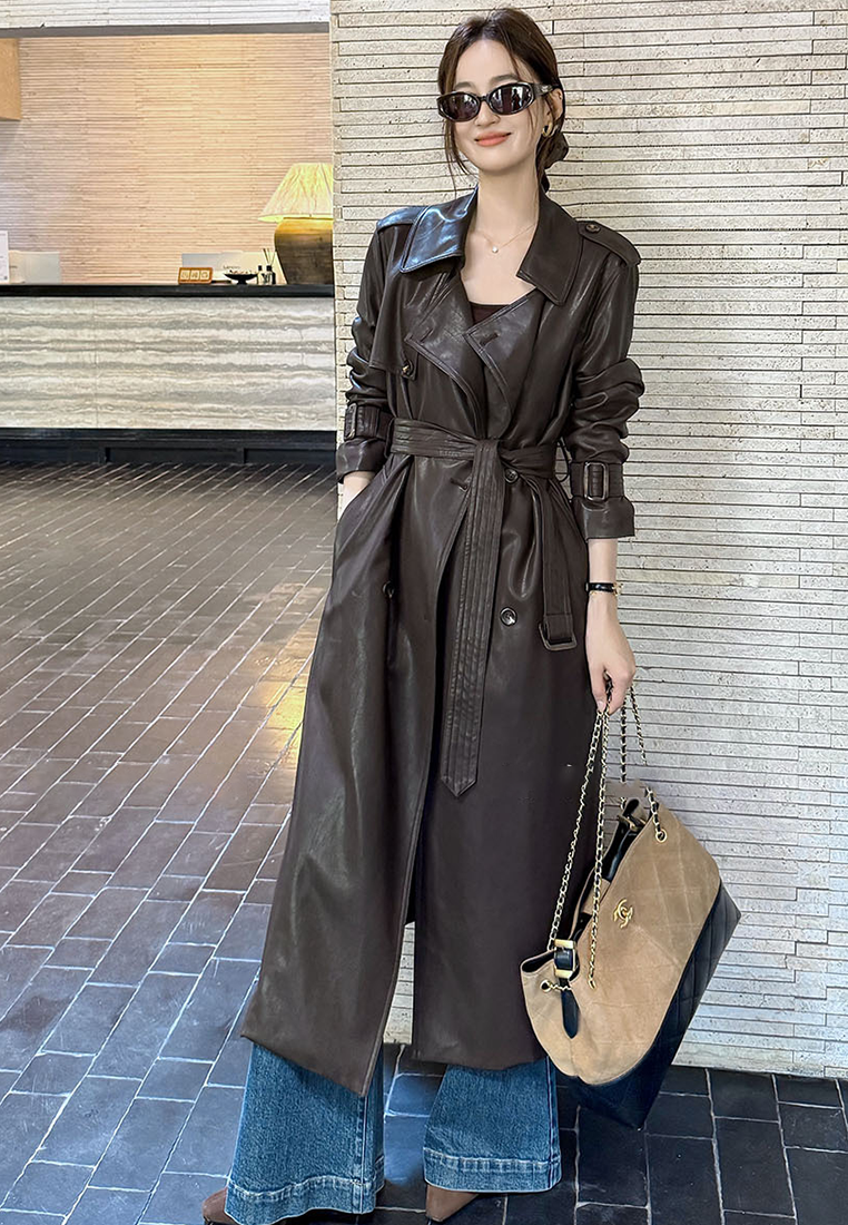 New Autumn Style PU Leather Long Trench Coat CA25102429BK