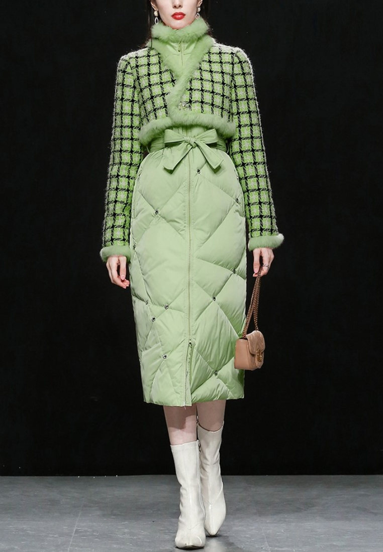 New elegant rabbit fur tweed patchwork white duck down jacket K25121207