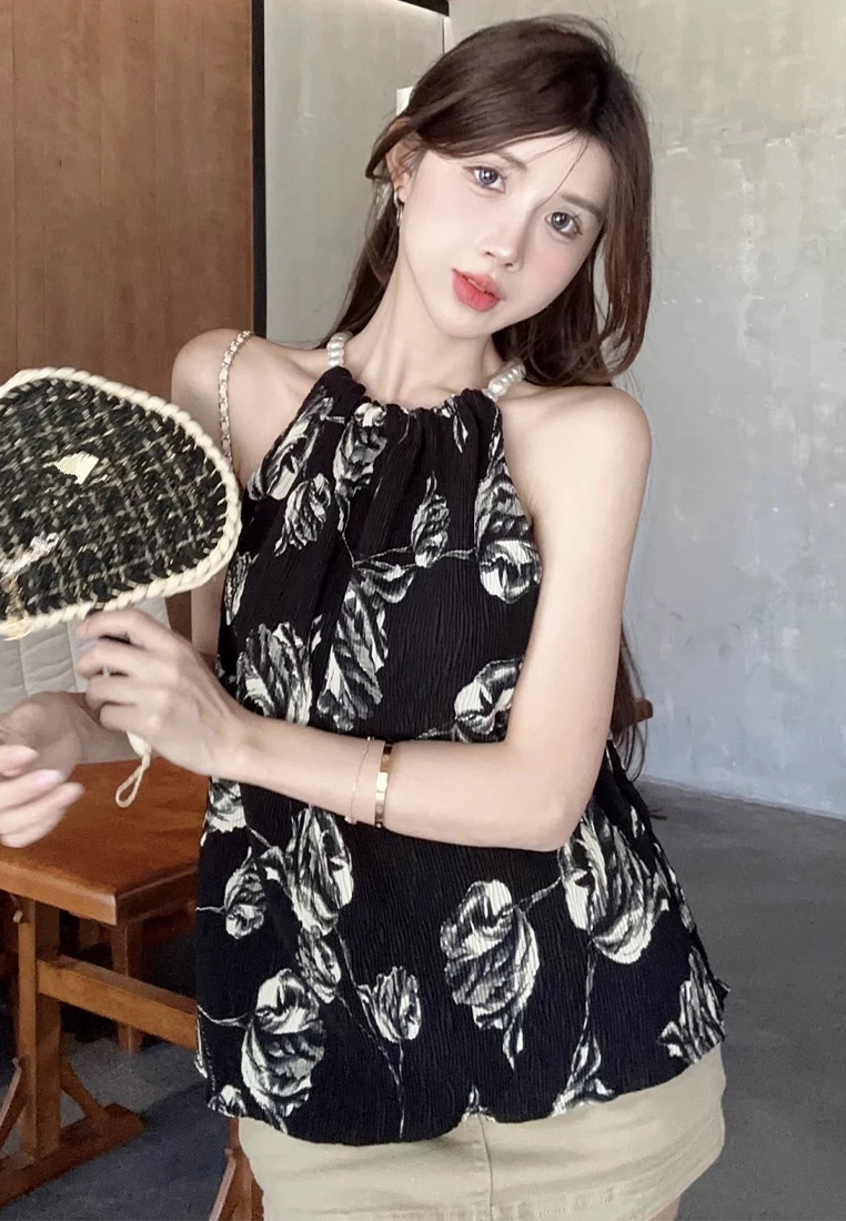 New style bead chain halter neck sleeveless suspender loose top CA24050629BE