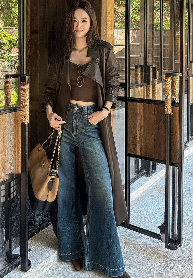 New Autumn Style PU Leather Long Trench Coat CA25102429BK