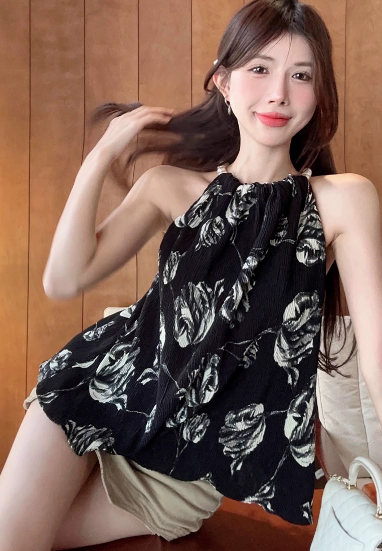 New style bead chain halter neck sleeveless suspender loose top CA24050629BE